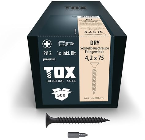 TOX Schnellbauschrauben DRY FG 4,2 x 75 mm, 500 Stk. | Schwarz phosphatiert, Trompetenkopf, Feingewinde, für Gipskarton auf Metall, PH2, inkl. Bit, 142453214275