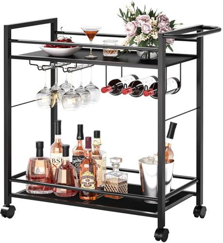 Joaxswe Bar Cart,Home Bar Serving Cart with Storage Shelves, 2 Tier Rolling Beverage Cart with Wheels, Modern Wine Cart with Wine Rack and Glass Holder for Kitchen, Living Room,Dinning Room,Black