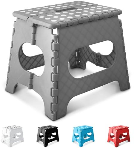 KEPLIN 11 Inch Heavy Duty Folding Step Stool | Non-Slip Foldable Footstool for Toddlers, Children & Adults | Portable, Lightweight Plastic Footstep w/Carrying Handle for Indoor or Outdoor (Grey)