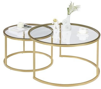 Ginhow Set di 2 Tavolini da Caffè in Vetro per Soggiorno, Tavolino da Divano Rotondi con Piano in Vetro e Struttura in Acciaio Dorato Tavolino da Salotto Moderno, ø80 + ø60 cm