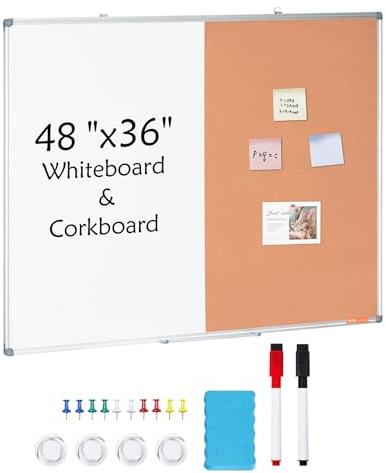 VEVOR Combo Tableau Blanc et Tableau en Liège 120x90 cm, Tableau d'Affichage Magnétique Effaçable à Sec, avec Cadre en Aluminium, Montage Mural, pour Épingler Mémo Notes Photos Bureau Maison École