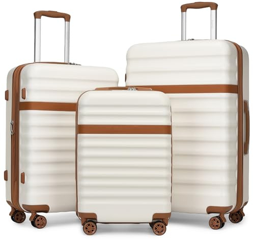 KONO Koffer Trolley Kofferset 3 Teilig Reisekoffer von ABS+PC Hartschalenkoffer mit 4 Rollen TSA Schloss (Creme/Braun,Set)