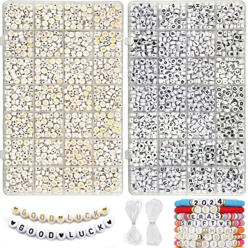 TKFVTL 2 Boxen Buchstabenperlen Goldene Alphabet Perlen,1900 Stück 7mm A-Z Runde Buchstaben Perlen Zahlen Perlen für Schmuckherstellung DIY Armbänder Halsketten with Clear Elastic Thread