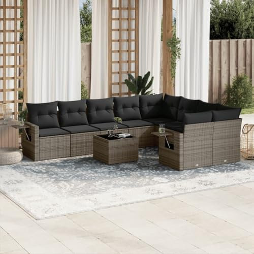 Somanki 10-TLG. Garten-Sofagarnitur mit Kissen Grau Poly Rattan, Lounge Gartenmöbel Set, Möbelsets, Balkon Möbel, Gartenlounge, Gartensofa - 3220649