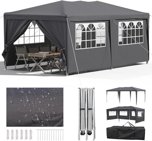 Velway 3x6m Gazebo da Giardino Pieghevole - Impermeabile e Resistente Tenda da Giardino con 6 Pareti Lateral - Tendone da Esterno Altezza Regolabile per Campeggio Feste Fiere Spiaggia - Grigio Scuro