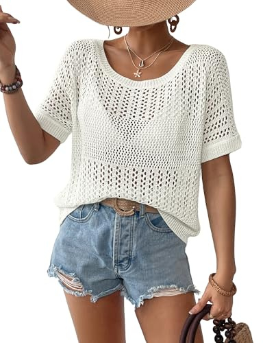 Bsubseach Crochet Tops für Frauen Kurzarm Cover Ups für Bademode Frauen Stricken Hollow Out Pullover Mesh Top Weiß XL