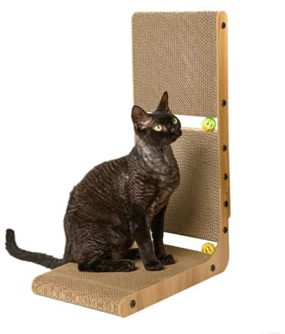 Nekosan Kratzbrett Katze, L Förmige Kratzpappe für Katzen, Katzen Kratzmöbel mit Ballspielzeug, Kratzsäule für Wand und Ecke, Groß
