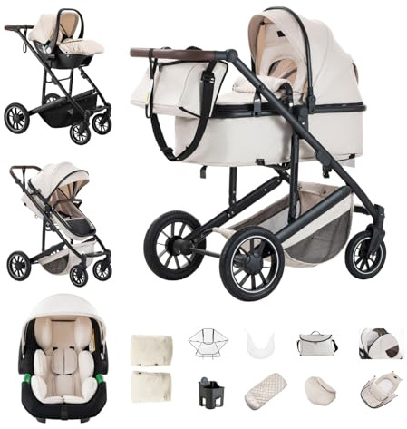 Kakbgee Passeggino Combinato 3 in 1, Passeggino per Bambini con ECE R129 Seggiolino Auto, Telaio in Alluminio ad alto Campo visivo Passeggino (22KG, 0-4 Anni)
