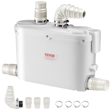 VEVOR Pompa Maceratrice per WC Fognario, 500 W, Portata 110 LPM, Prevalenza 8 m, con 4 Ingressi per l'Acqua, Macchina per Smaltimento delle Acque Reflue per Cucina, Seminterrato, Doccia