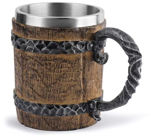 PBTMCD Jarra De Cerveza Estilo Vikingo De Madera, Vaso De Cerveza De Imitación De Barril De Madera, Juego De Beber con Aislamiento De Metal, Tazas Tácticas