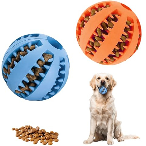 LUMOOM 2 bolas de juguete para perros, dispensador interactivo de golosinas, pelota de inteligencia, pelota resistente para perros de 7 cm de diámetro, goma natural para cachorros (azul y naranja)