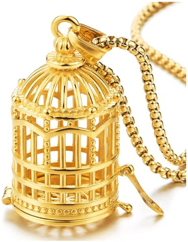 COOLSTEELANDBEYOND Collier Cage à Oiseau en Acier Pour Homme et Femme, Pendentif Creux Doré 3D, Bijou Artistique Statement