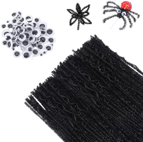 200 Bunte Pfeifenreiniger zum Basteln Schwarz, Dazu 100 Wackelaugen Selbstklebend, Chenilledraht für Blumen, Pfeifenputzer Zum Basteln Blumen, Fluoreszierende Farben,Glitzer