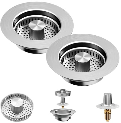 Kitchen Sink Strainer,3 In 1 Kitchen Sink Drain Strainer And Stopper Combo,Pop-Up Sink Plug Strainer, Stainless Steel Standard Strainer Drain For 75-86mm Holes,Sinks Depth > 40mm,Prevents Odors (2 PC)