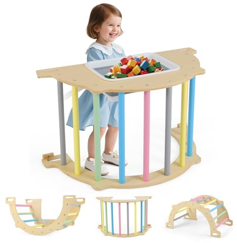 Olakids Climbing Arch for Toddlers, 5 in 1 Wooden Indoor Kids Climber Rocker Montessori Sensory Table with Foldable Storage Bin, Baby Pikler Toy Set Gym Learning Crawling Gift for Children (Colorful)