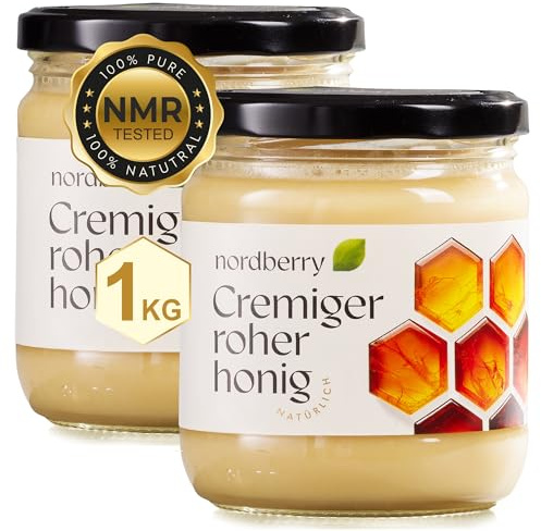 Nordberry 1 kg Miele Grezzo Cremoso – Puro, Naturale e Non Filtrato dalla Lettonia – (2 x 500 g) – Confezione regalo