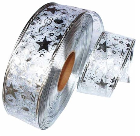 GXGM Organzaband Weihnachten 3.8cm Breit, Geschenkband mit Draht Silber,Schneeflocke Organzaband, Glitzer Weihnachtsband für Geschenkdeko, Kranz, Handwerk, WeihnachtsSchleifenherstellung(A)