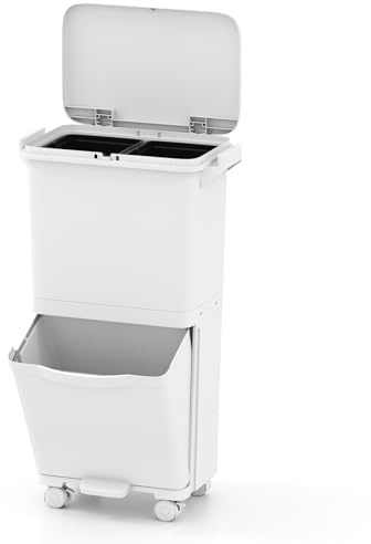 FANTASK Pattumiera da 36 l su ruote, 3 scomparti per la cucina, con 2 contenitori estraibili e adesivi, pattumiera a pedale con coperchio per cucina, soggiorno, ufficio