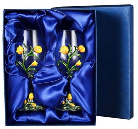 Genérico Decantadores de Vino de Cristal esmaltado, Copa de Cristal sin Plomo, 350 ml, Mango Largo, Caja de Regalo Decorativa, Elegante Juego de Boda (Amarillo-a, 2 Piezas)