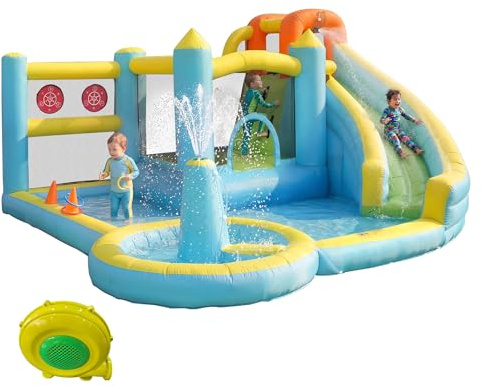 Castillo hinchable para niños Parque acuático Tobogán acuático Piscina inflable Castillo de juegos acuáticos para niños Jardín al aire libre, con soplador, tamaño inflable: 430 x 390 x 210 cm