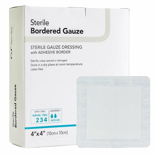 DermaRite's Bordered Gauze Dressing with Adhesive Border - Flexible Non-Linting Material, First-Aid, Individually Packaged - 4 in. x 4 in., 1 Count, 100 Packs, 100 Total