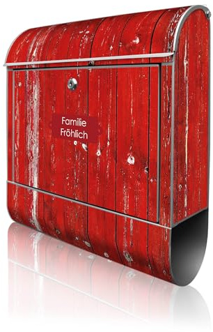banjado Design Briefkasten personalisiert 38,5x46,5x13cm & 2 Schlüssel - Briefkasten Stahl Silber Zeitungsfach pulverbeschichtet - Postkasten A4 Einwurf inkl. Montagematerial - Motiv Rote Holzlatten