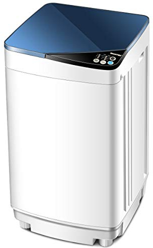 Giantex Full-Automatic Washing Machine Portable Washer and Spin Dryer 7.7 lbs Capacity Compact Laundry Washer with Built-in Barrel Light Drain Pump and Long Hose for Apartments Camping (White & Blue)