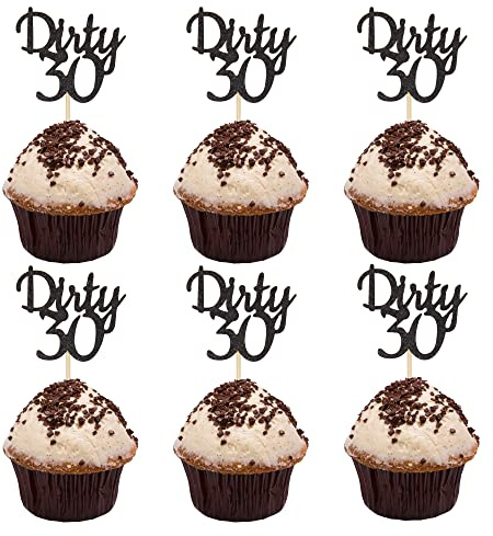 Sumerk 24PCS Glitter Black Dirty 30 Cupcake Toppers 30th Birthday Cupcake Picks 30 Cupcake Toppper Party Decoration Supplies