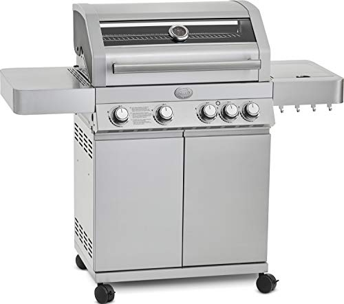 RÖSLE Gasgrill BBQ-Station VIDERO G4 Edelstahl, Grill mit 4 Haupt- und 1 Seitenbrenner, Deckel mit Glaseinsatz & Thermometer, beleuchtete Drehknöpfe, Edelstahl 18/0