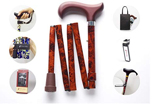 Merry Sticks Faltbarer Verstellbarer Designer Gehstock, Faltstock, Walnuss, Enthält eine praktische Stocktasche und EIN Intelligenter Reflektierender Stockhalter