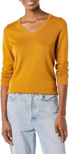 Amazon Essentials Women's Lightweight Long-Sleeve V-Neck Jumper, Dark Golden Yellow, M