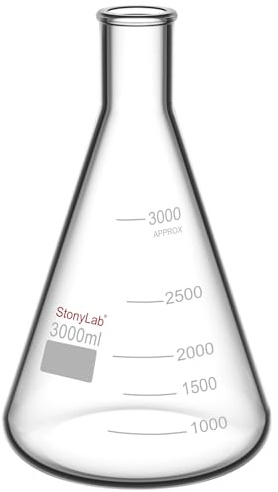 stonylab Fiole Erlenmeyer 3000 ml en Verre Borosilicate à Paroi Épaisse, Col Étroit, Base Plate et Bord Renforcé, Verrerie de Laboratoire pour Chimie