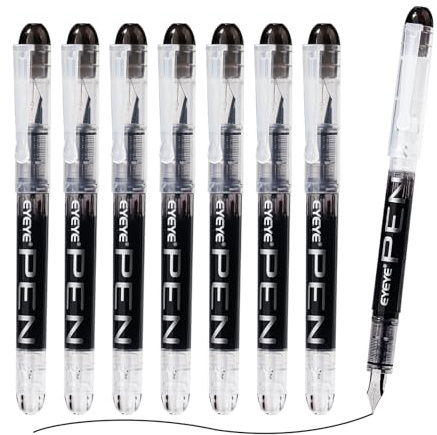 EYEYE Disposable Fountain Pens Fine Point, 8 Pack Black Calligraphy Pens for Writing, Stainless Steel Nib, Smooth Writing for Journaling, Drafting, Sketching, Doodling, Office Supplies