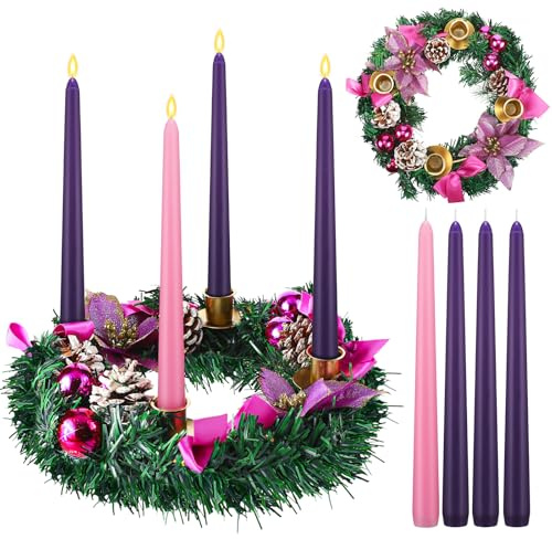 Dingion 12 Inch Christmas Advent Wreath Advent Candle Holder with 4 Taper Candles Remote Control Christmas Centerpiece Decorations for Table Indoor Home Church(Purple Series)