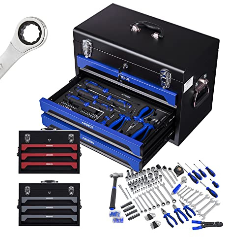 Arebos Boîte à outils avec 172 pcs. d'outils en chrome vanadium | pour la maison, le garage & l'atelier | boîte à outils équipée avec 3 tiroirs | verrouillable | bleu/noir
