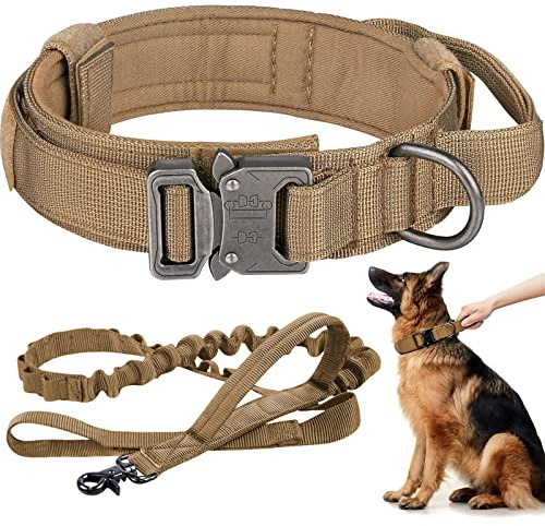 Set di collare e guinzaglio tattico per cani in nylon militare regolabile con manico di controllo, fibbia in metallo resistente e guinzaglio elastico per addestramento del cane (XL, kaki)