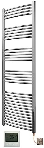 Greened House Extra High Heat Output Chrome Electric Towel Rail 600 x 1800mm Curved Bathroom Radiator Heater Up to 26% More Heat Output + Timer and Thermostat