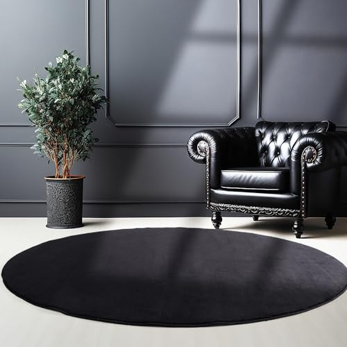 SIMPEX Waschbarer Teppich Rund 120 cm Schwarz Einfarbig Kurzflor Modern Weich rutschfest Pflegeleicht Maschinenwaschbar für Wohnzimmer Schlafzimmer Esszimmer