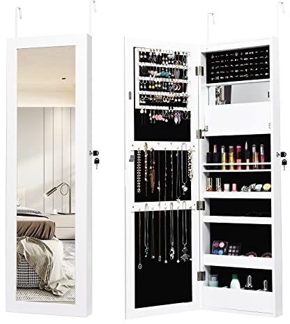 RELAX4LIFE Schmuckschrank mit Spiegels, Spiegelschrank mit Automatischen LEDs & Klappbarer Ablage, Schmuckorganizer für Ohrringe Armband Kette Kosmetik, Hängend&Abschließbar, Tür- & Wandmontage (Weiß)