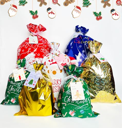 Weihnachten Geschenkbeutel,20 Stücke(4 Größen) Weihnachtstüten mit Band,Große Weihnachtstüten für Geschenke Wiederverwendbare,Weihnachtsgeschenke Geschenke Goody Bags für Weihnachten Partydekorationen