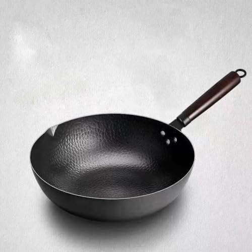 LRTYZBD Sartén de hierro pre-sazonado, Wok de acero al carbono martillado a mano con mango de madera, mango extraíble, wok grueso, antiadherente sin revestimiento, diámetro de la boca: 32 cm
