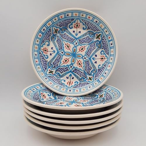 YODECO - Juego de 6 Platos Hondos Marroquíes de Cerámica (24 cm), Color Turquesa
