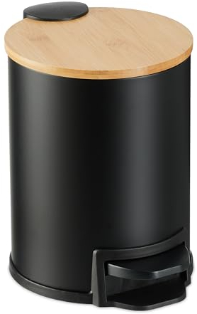 Relaxdays 3 L Pattumiera Bagno a Pedale, Cestino con Secchio Rimovibile e Coperchio Ammortizzato, in Ferro e bambù, Nero