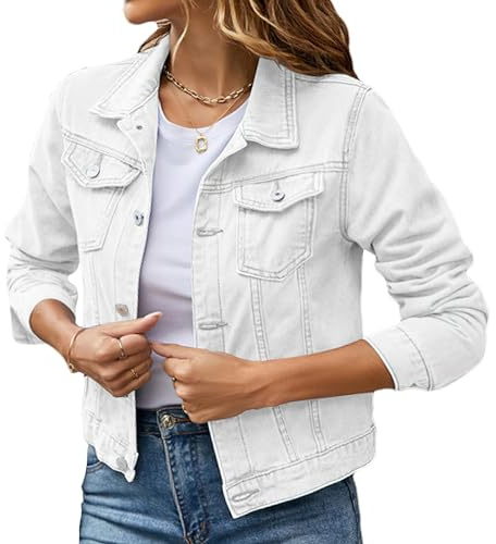 Momuk Denim Jacket for Women Button Up Solid Vintage Color Basic Long Sleeve Boyfriend Denim Jacket Coat(White M)