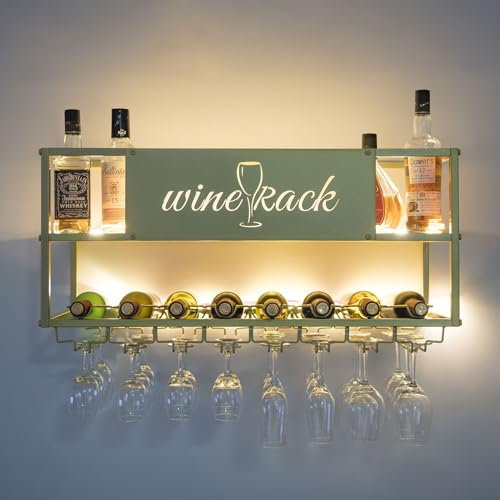 GLJTUO Portabottiglie A LED da Parete, Portabottiglie in Metallo da Appendere, Mensole per Liquori E Portabicchieri da Barra in Metallo, Espositori, Mensola da Bar A Muro per V,Black,32.7x13x14.2in