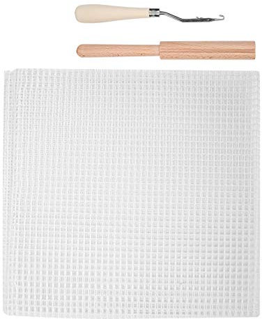LetCart Alfombra hecha a mano, tela de malla, hecha a mano, tela de rejilla, 50 x 50 cm, mango de madera, ganchillo