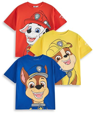 PAW PATROL Jungen T-Shirt Set | Kinder 3er Pack Kurzarm T-Shirts mit Großem Charakterdruck | Marshall Rubble Chase Cartoon Charaktere | Kinder Animierte TV-Serie Merchandise Geschenk