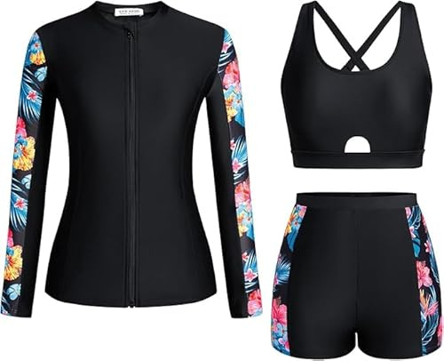 Kate Kasin Costume da bagno da donna con stampa floreale, set di 3 pezzi: rash guard, maglietta con cerniera, mini-shorts, protezione solare, per sport acquatici, tankini per surf e nuoto, XL