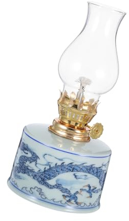 HOLIDYOYO Petroleumlaterne Aus Glas Vintage-öllampe Für Drinnen Klare Sturmlampe Mit Blau-weißem Porzellanfuß Dekorative Beleuchtung Für Heimdekoration Notfalllicht