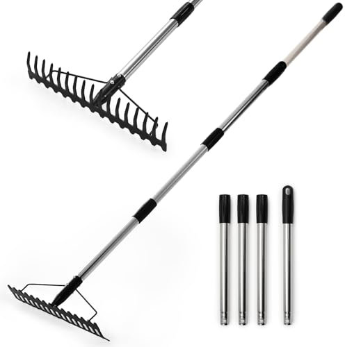 Warmiehomy Garden Rake Landscaping Rake Tool With 1.2M Adjustable Stainless Steel Handle, Bow Rake Garden Tools For Loosening Soil/Gathering Leaf/Leveling Lawn